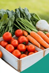 Wall Mural - Fresh, ripe tomatoes, carrots, and spinach in a wooden crate.