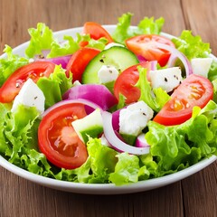 Sticker - Fresh salad with tomatoes, cucumbers, red onion, feta cheese and lettuce on a white plate.