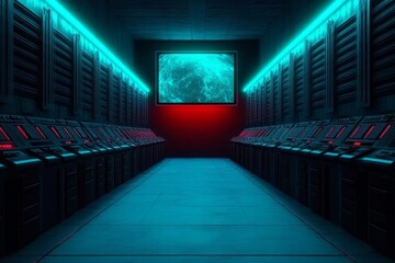 Canvas Print - Futuristic server room with glowing blue and red lights.