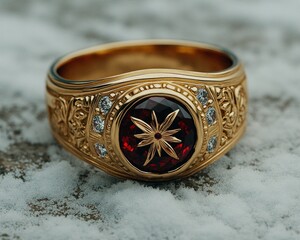 Poster - Gold ring with red gemstone and white diamonds on a white background.