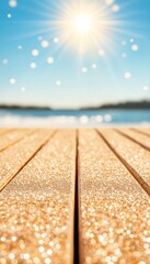 Canvas Print - Golden wooden planks with a blurred background of a bright blue sky and a shining sun.