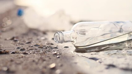 Wall Mural - bottle floating on water. glass and plastic bottle pollutes the river, the concept of recycling garb