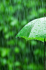 Wall Mural - Green umbrella in the rain with a blurry background of green foliage.