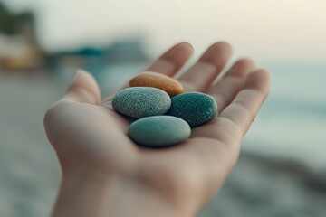 Wall Mural - Hand holding four smooth stones on a beach.