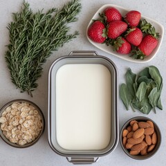 Canvas Print - Ingredients for a healthy smoothie with milk, almonds, strawberries, oats, rosemary, and sage.