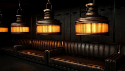 Poster - Industrial-style interior with leather sofa and hanging lights.