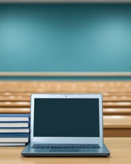 Poster - Laptop and books on desk in empty classroom.