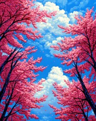 Poster - Looking up at a bright blue sky with white clouds through the canopy of pink flowering trees.