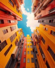 Poster - Looking up at a colorful row of buildings with a blue sky and white clouds in the background.