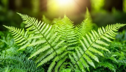 Wall Mural - Lush green ferns in a forest with sunlight shining through the leaves.