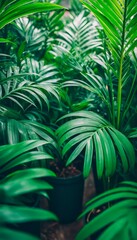 Canvas Print - Lush green palm leaves in pots.