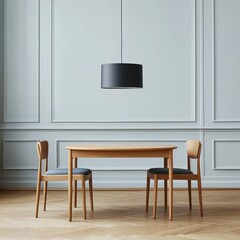 Poster - Modern dining room with a round table and three chairs, a black pendant lamp hangs from the ceiling.