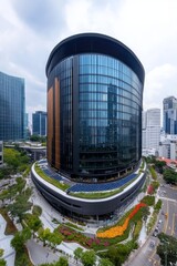 Canvas Print - Modern glass and steel office building with rooftop garden in a busy city.