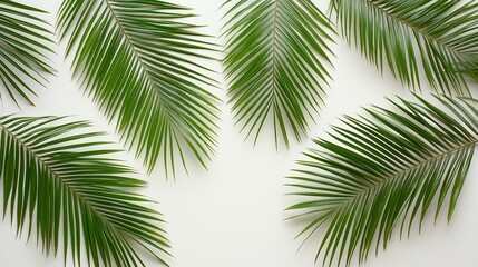 Wall Mural - Close up of palm leaves with a white background. The leaves are green and appear to be in a row