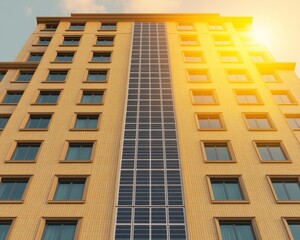 Canvas Print - Modern high-rise building with solar panels on the facade, against a sunny sky.