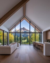 Wall Mural - Modern home interior with large windows overlooking a mountain landscape.