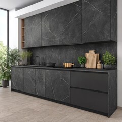 Poster - Modern kitchen with sleek black cabinets and a stone-effect finish.