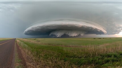 Wall Mural - large cloud is hovering over a field. the sky is overcast and the clouds are dark