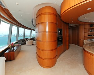 Wall Mural - Modern kitchen with wood paneling and a view of the ocean from a high-rise building.