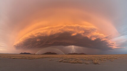 Wall Mural - large cloud with a rainbow and lightning in the sky. the sky is orange and the clouds are dark