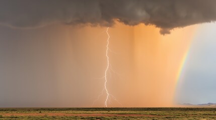 lightning bolt is seen in the sky above a field of grass. the sky is cloudy and the weather is storm