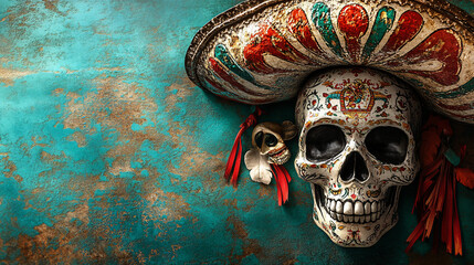 Wall Mural - day of the dead sugar skull with sombrero on turquoise background