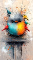   Birds perched on wood post with splattered paint