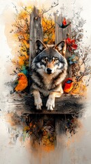 Wall Mural -   A wolf perched on a wooden bench beside an autumn-leafed tree and a bird