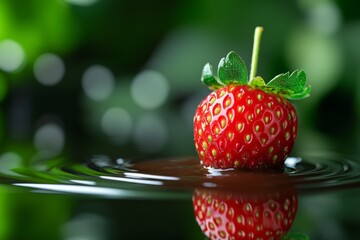 Wall Mural - Bright red strawberry floating in water reflects its vibrant color. The green leaves add a fresh touch. Perfect for nature lovers and food enthusiasts. Generative AI