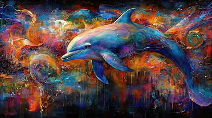 Wall Mural -   A dolphin painting on a black canvas with a splash of color at the bottom