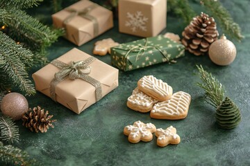 Wall Mural - Composition with beautiful Christmas gifts, decorations and cookies on green grunge background