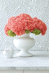 Poster - Pink and green flowers in a white vase on a marble countertop with a textured wall behind.