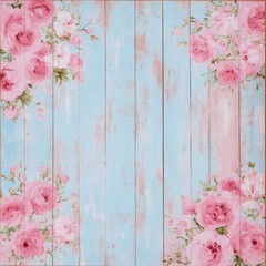 Wall Mural - Pink roses blooming on a light blue weathered wood background.