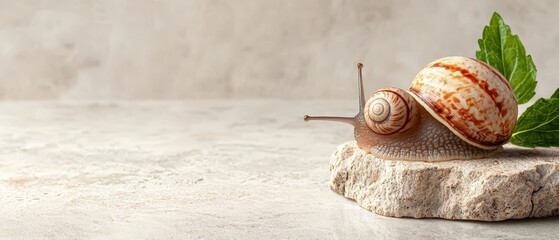  A snail atop a rock alongside a plant