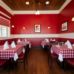 Wall Mural - Red and white checkered tablecloths in a cozy restaurant.