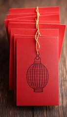 Wall Mural - Red envelopes with a Chinese lantern design tied together with gold string on a wooden table.