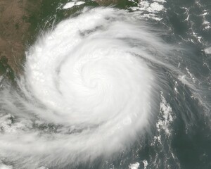 Wall Mural - Satellite view of a hurricane over the ocean with swirling clouds and a clear eye.