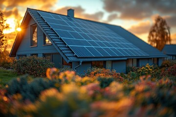 A modern house with solar panels, surrounded by colorful flowers at sunset.