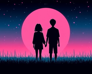 Wall Mural - Silhouette of a couple holding hands under a pink moon and starry night sky.