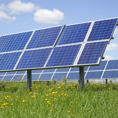 Solar panels in a field of wildflowers on a sunny day.