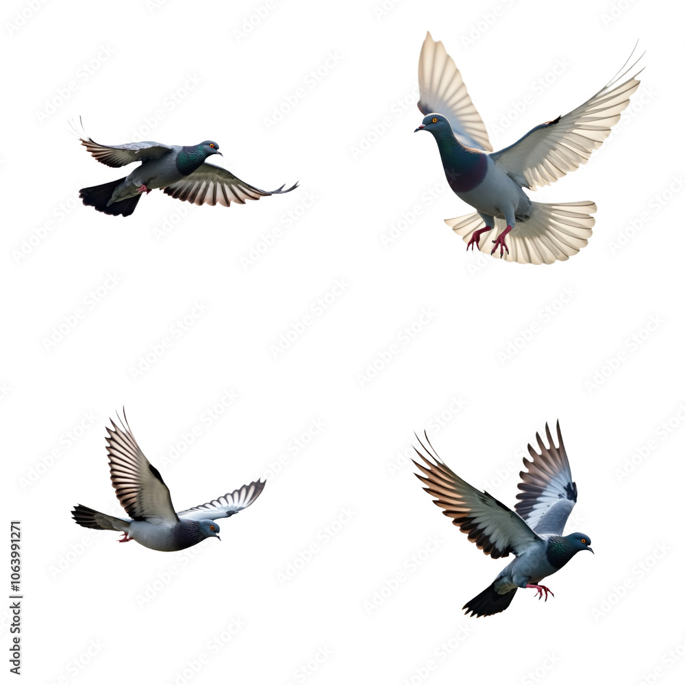 Rock Pigeon bird flying on isolated background. Gray body, black tail ...