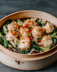 Canvas Print - Steamed tofu balls topped with sesame seeds and chili flakes, served with bok choy in a bamboo steamer.