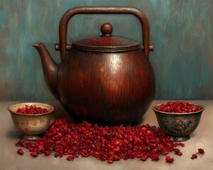 Sticker - Still life of a copper teapot, two bowls, and red tea leaves.