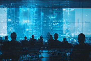 silhouettes of people looking at a futuristic digital screen in a city setting