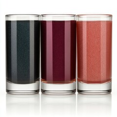 Poster - Three glasses of colorful juice, black, purple and red, on a white background.