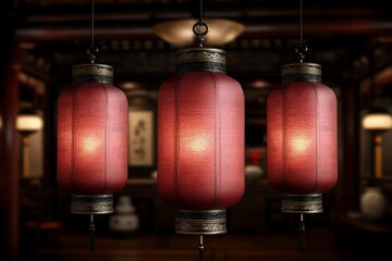 Wall Mural - Three traditional red Chinese lanterns hanging from the ceiling in a dimly lit room.