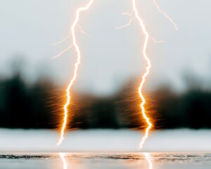 Wall Mural - Two bright bolts of lightning strike a stormy sky, reflected in a dark water surface.