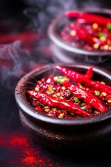 Canvas Print - Two bowls of red chili peppers and spices with smoke rising from them.