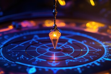 Mystical astrological pendulum in motion over zodiac chart for spiritual guidance