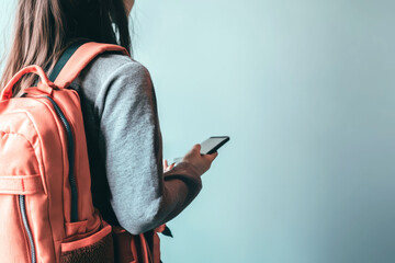 Student with backpack holding red apple for back to school theme